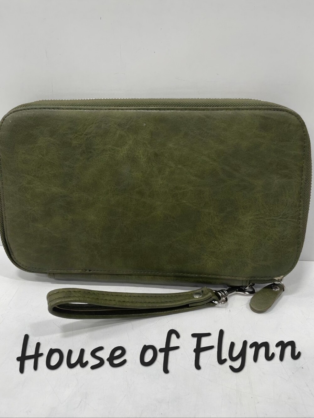 The House of Flynn Olive Green Leather Wristlet Clutch
